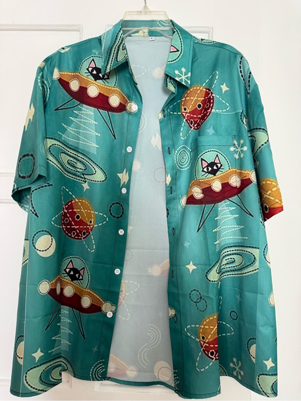 Source Unknown Teal Button-Down Shirt with Retro UFO & Planet Print